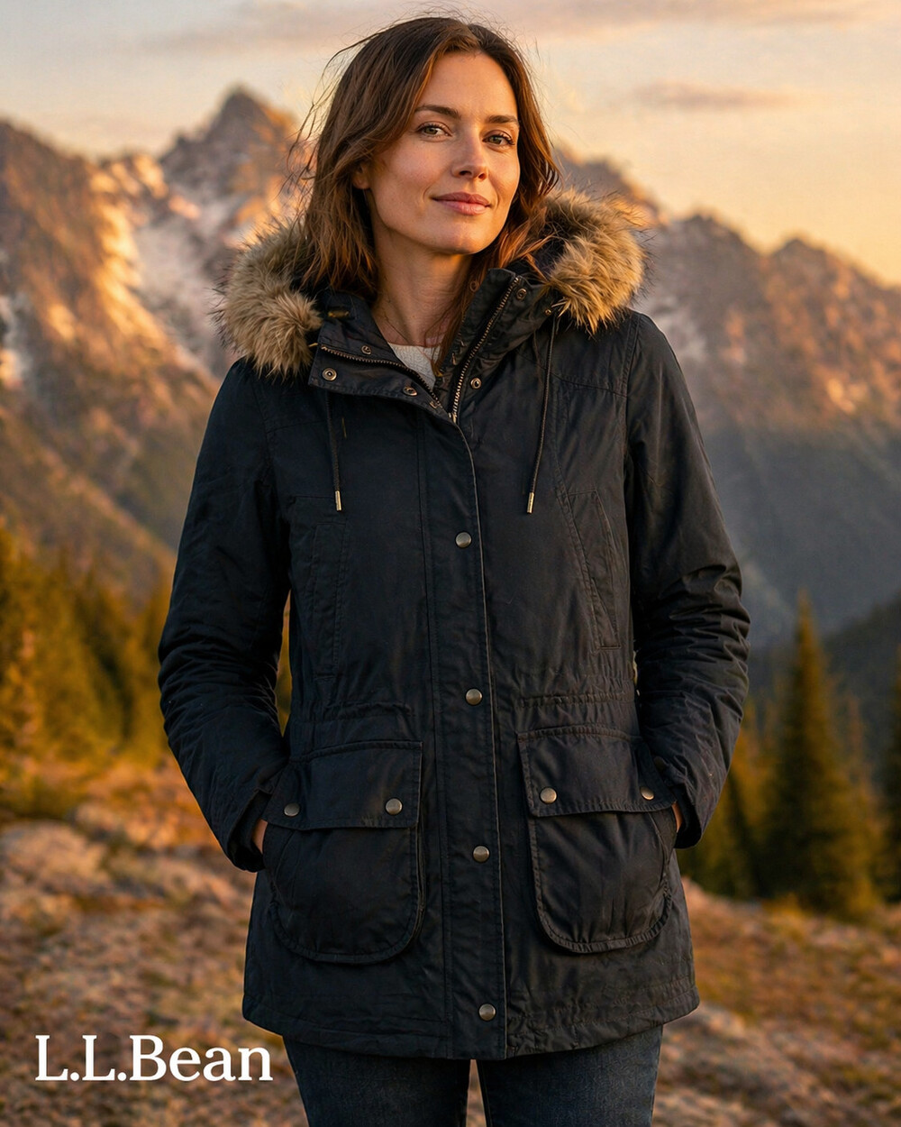 L.L. Bean Jacket Womens XS Petite Black East End Parka Quilted Fur Hooded